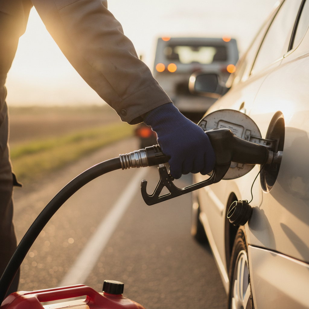 mechanic doing Fuel Delivery, focus on the hand doing Fuel Delivery