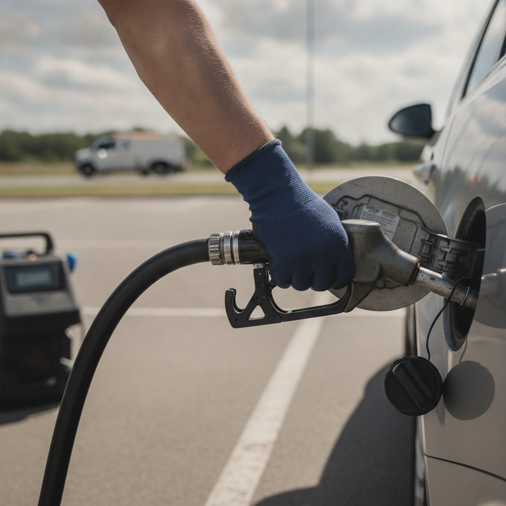 mechanic doing Fuel Delivery, focus on the hand doing Fuel Delivery